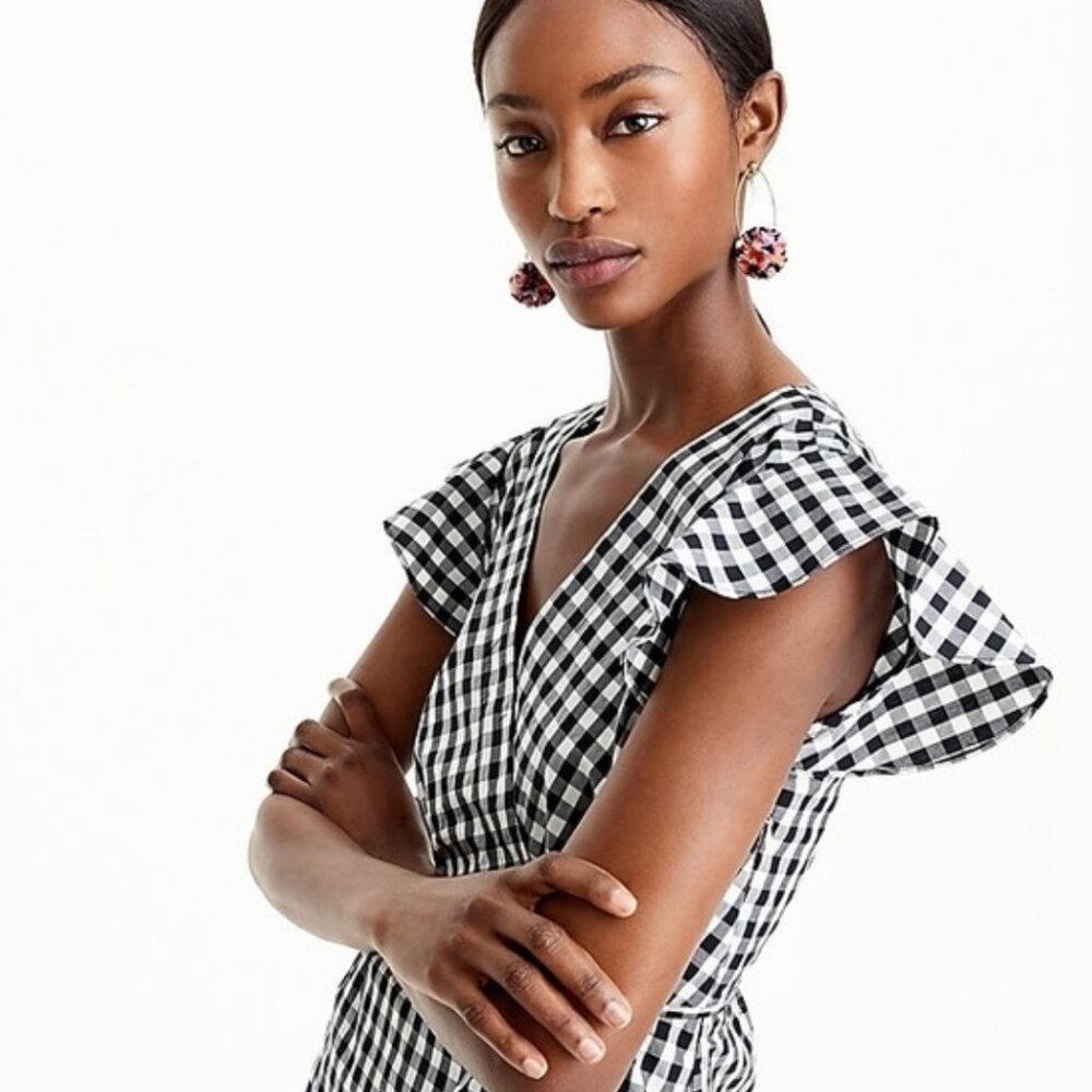 J Crew Flutter Sleeve Wrap Gingham Blouse | Size 4 - Picture 3 of 10